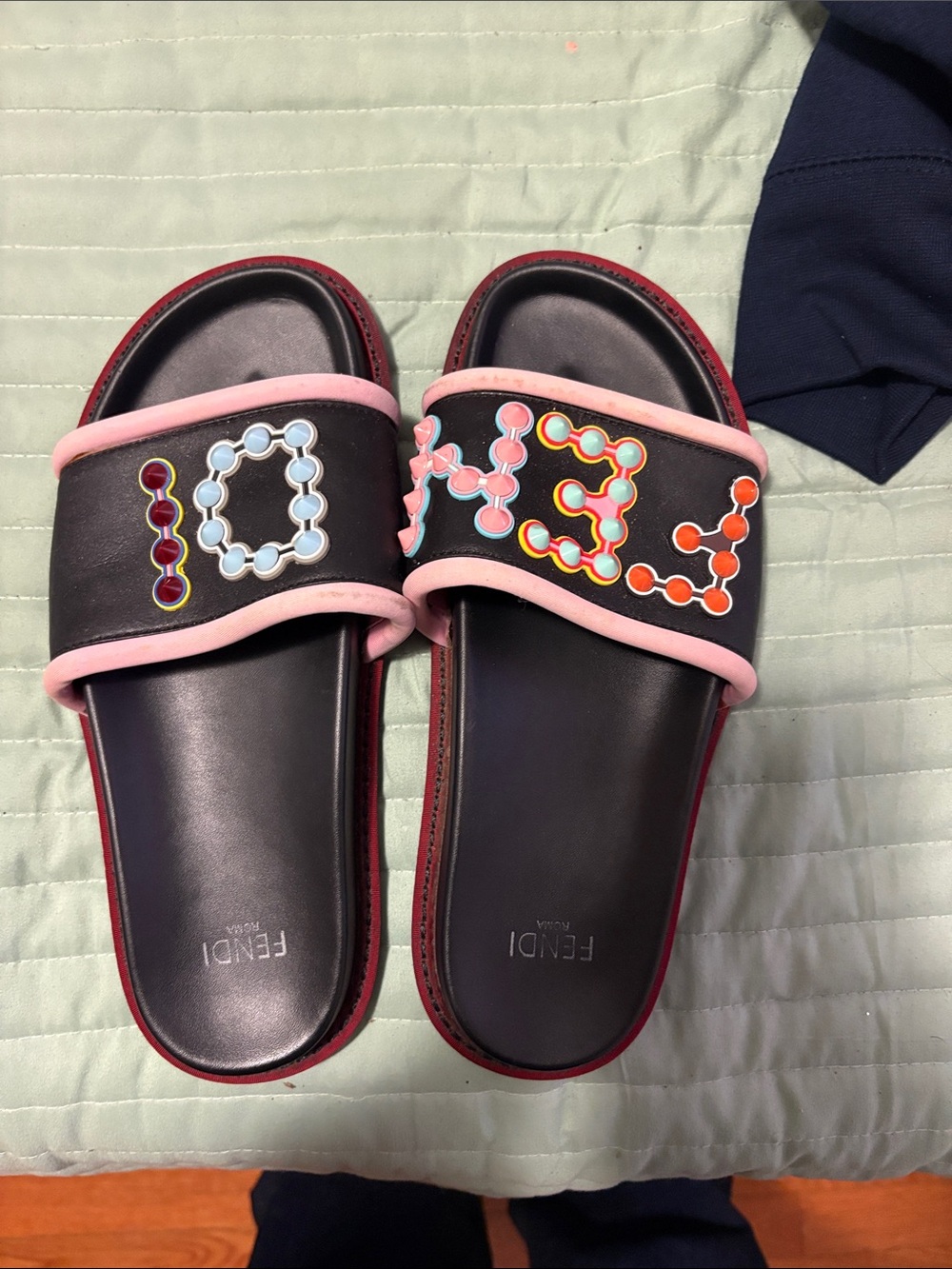 Fendi Kids Black Slide Sandals with Pink Trim and Multicolor Logo